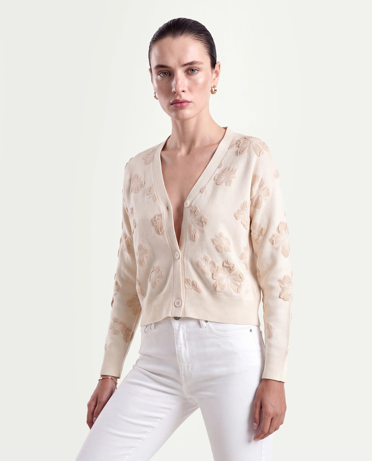 Rareism Women's Lamol Primary Off White Acrylic Blend V-Neck Relaxed Floral Print Cardigan