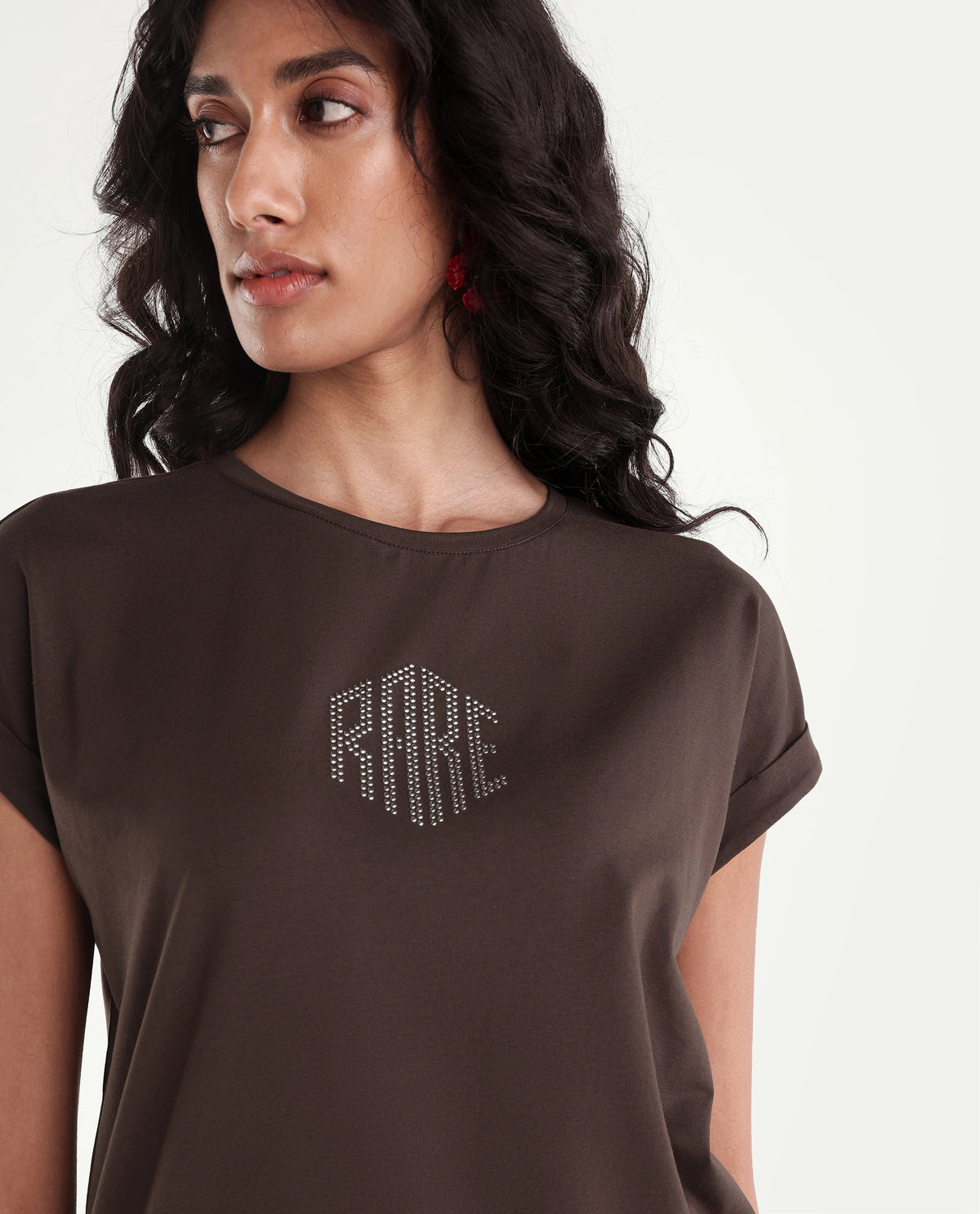 Rareism Women's Pimzu Dark Maroon Cotton Blend Crew Neck Relaxed Typography Print T-Shirt
