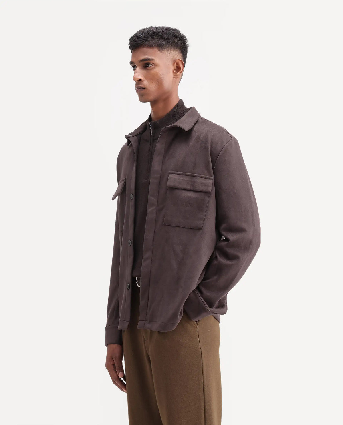 Rare Rabbit Men's Delk-26 Dark Brown Polyester Blend Spread Collar Button Regular Plain Jacket