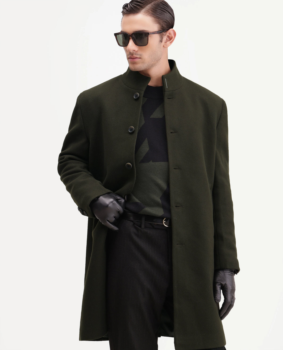 Rare Rabbit Men's Dune-26 Green Polyester Blend High Neck Button Regular Plain Jacket
