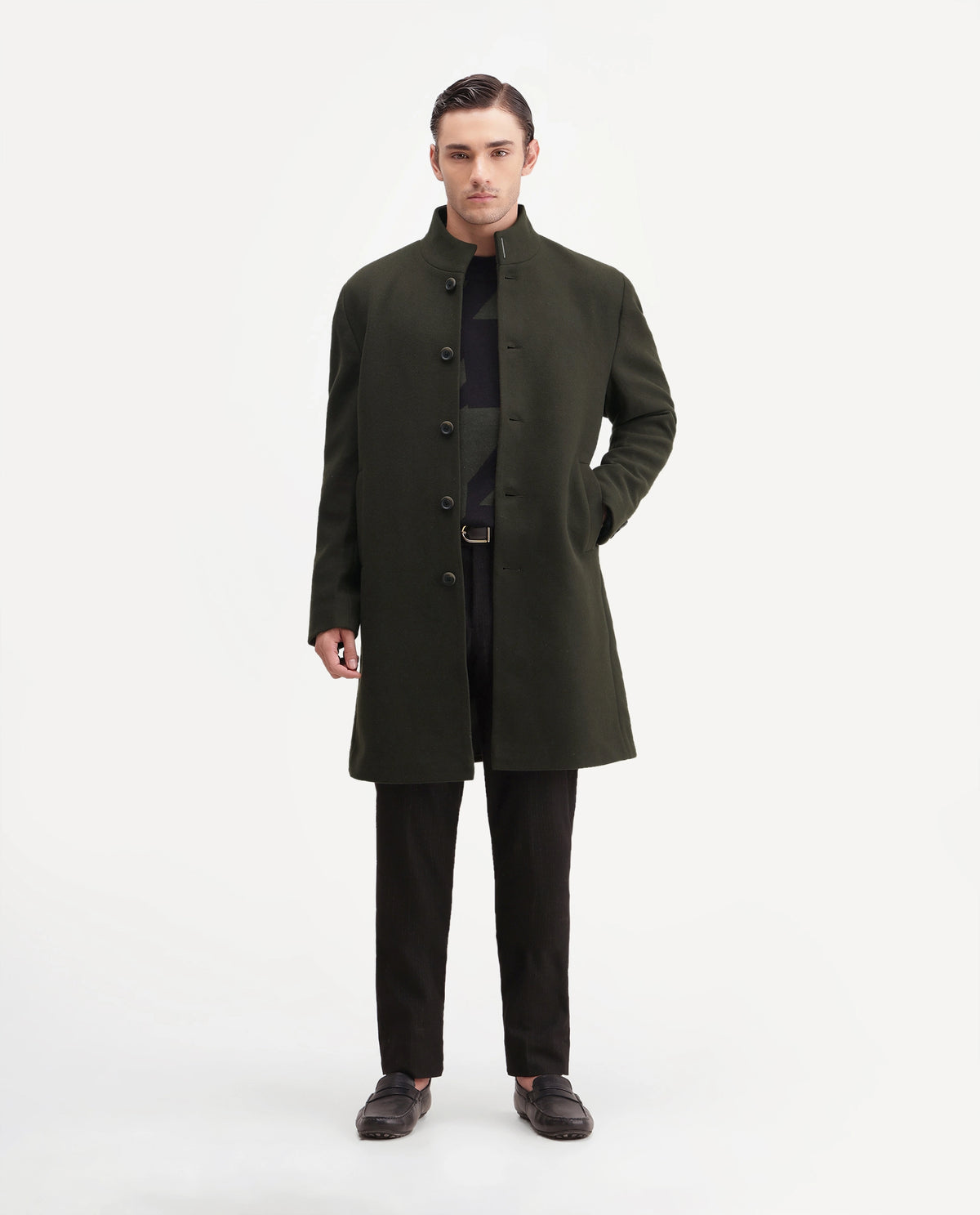 Rare Rabbit Men's Dune-26 Green Polyester Blend High Neck Button Regular Plain Jacket