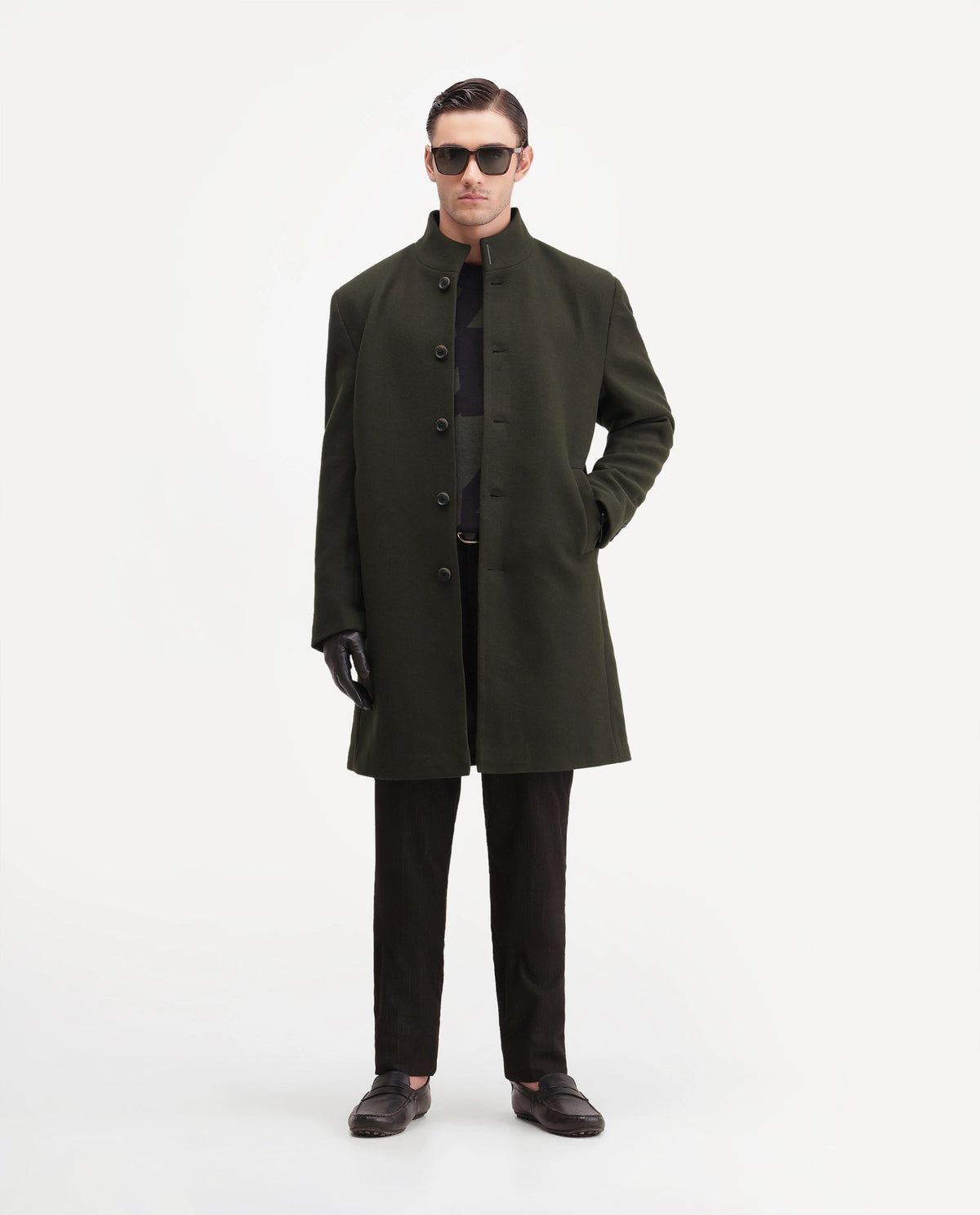 Rare Rabbit Men's Dune-26 Green Polyester Blend High Neck Button Regular Plain Jacket
