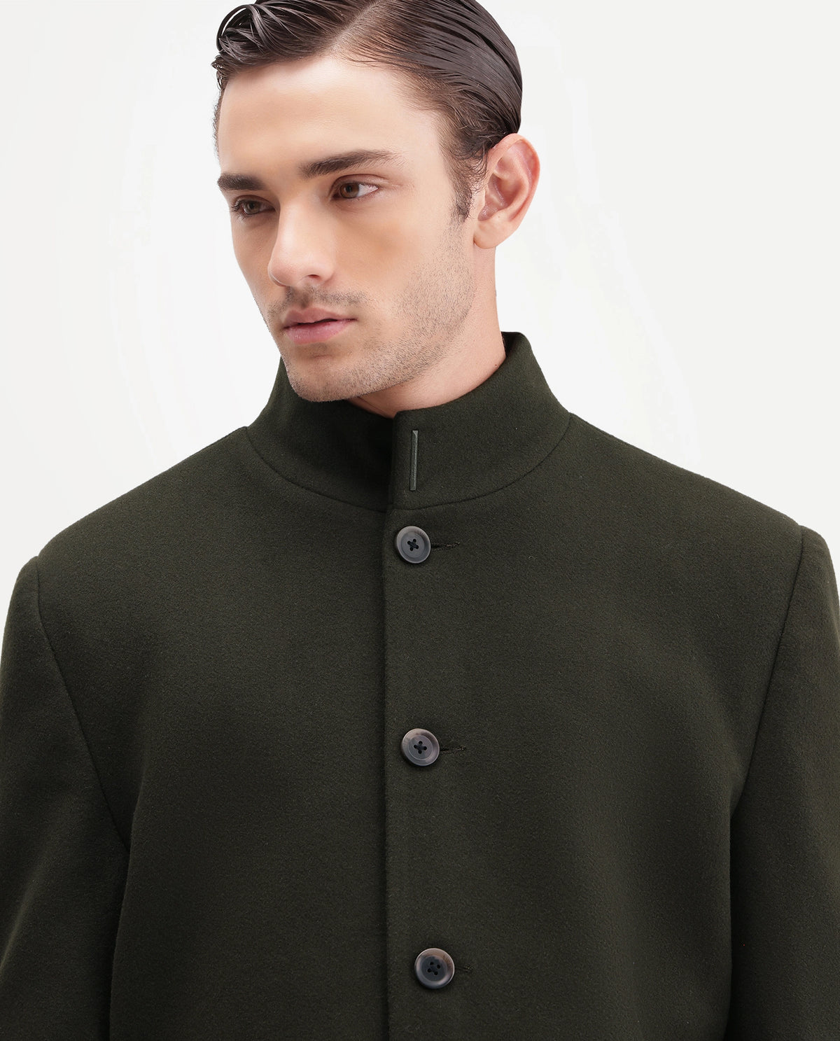Rare Rabbit Men's Dune-26 Green Polyester Blend High Neck Button Regular Plain Jacket