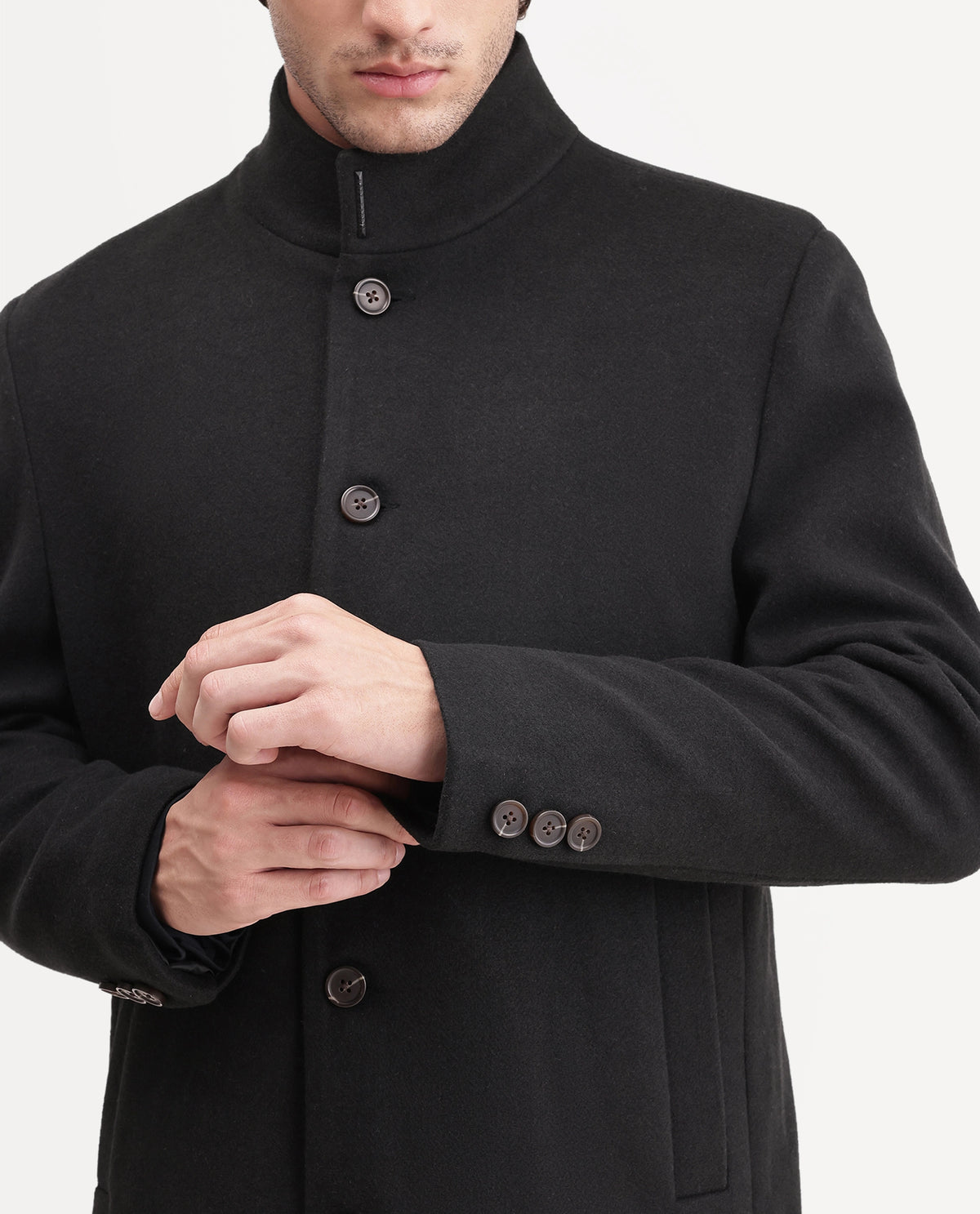 Rare Rabbit Men's Dune-26 Black Polyester Blend High Neck Button Regular Plain Jacket