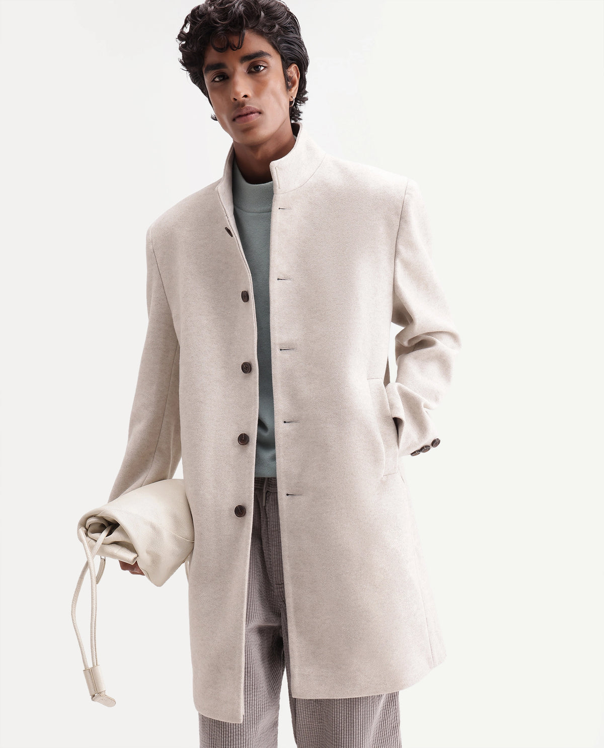 Rare Rabbit Men's Dune-26 Off White Polyester Blend High Neck Button Regular Plain Jacket
