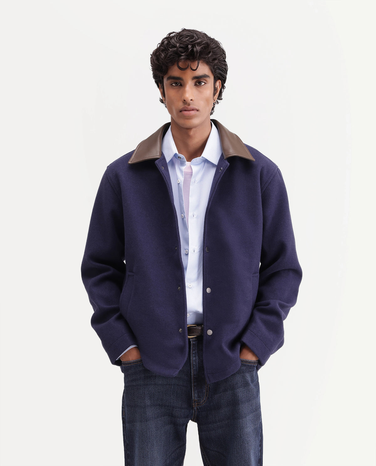 Rare Rabbit Men's Kiko-M Navy Polyester Blend Spread Collar Button Regular Plain Jacket