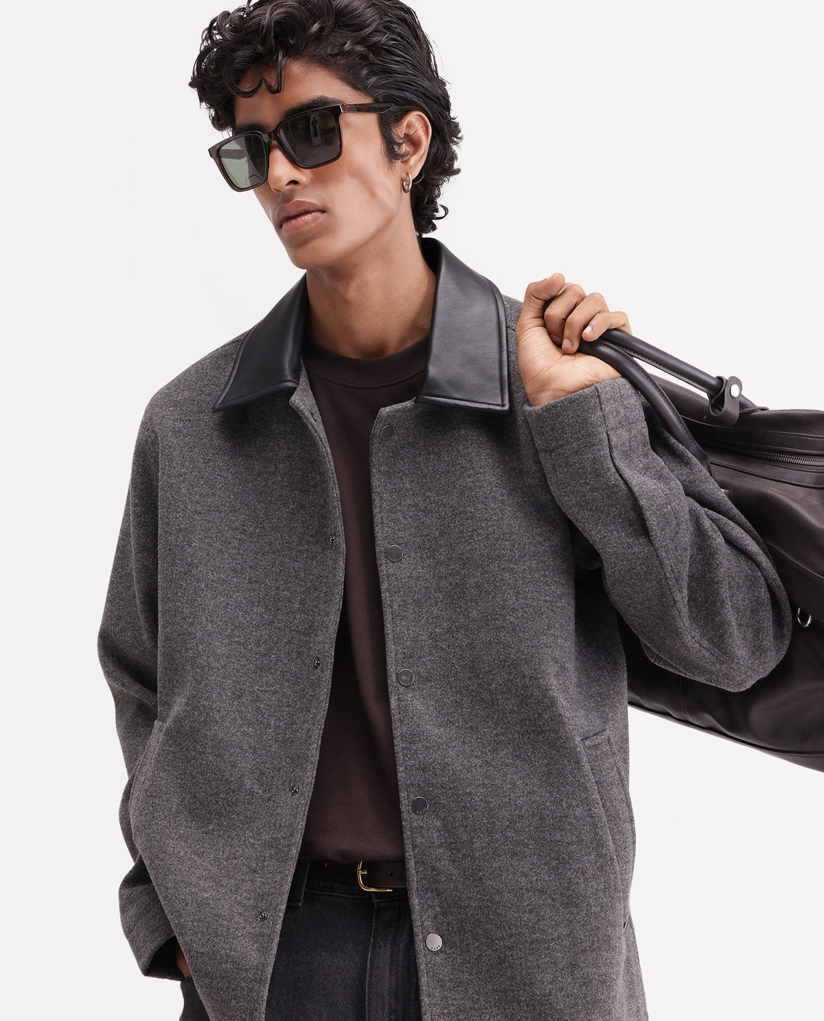 Rare Rabbit Men's Kiko-M Dark Grey Polyester Blend Spread Collar Button Regular Plain Jacket