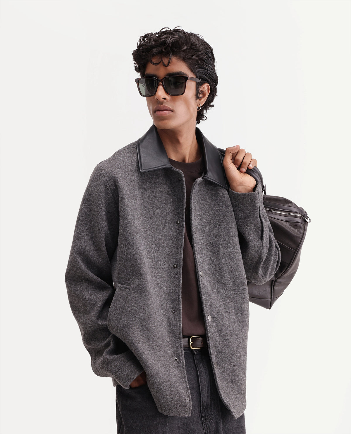Rare Rabbit Men's Kiko-M Dark Grey Polyester Blend Spread Collar Button Regular Plain Jacket