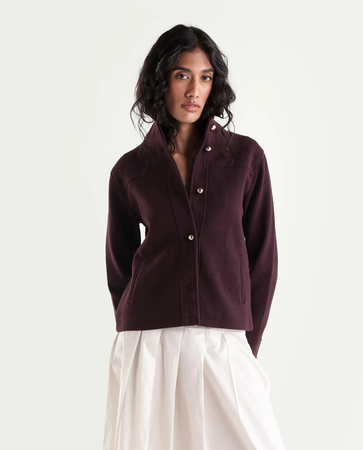 Rareism Women's Kliop Dark Maroon Polyester Blend Stand Collar Button Regular Plain Jacket