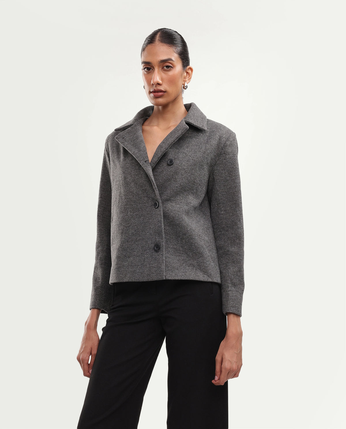 Rareism Women's Kinter Grey Polyester Blend Spread Collar Button Regular Plain Jacket