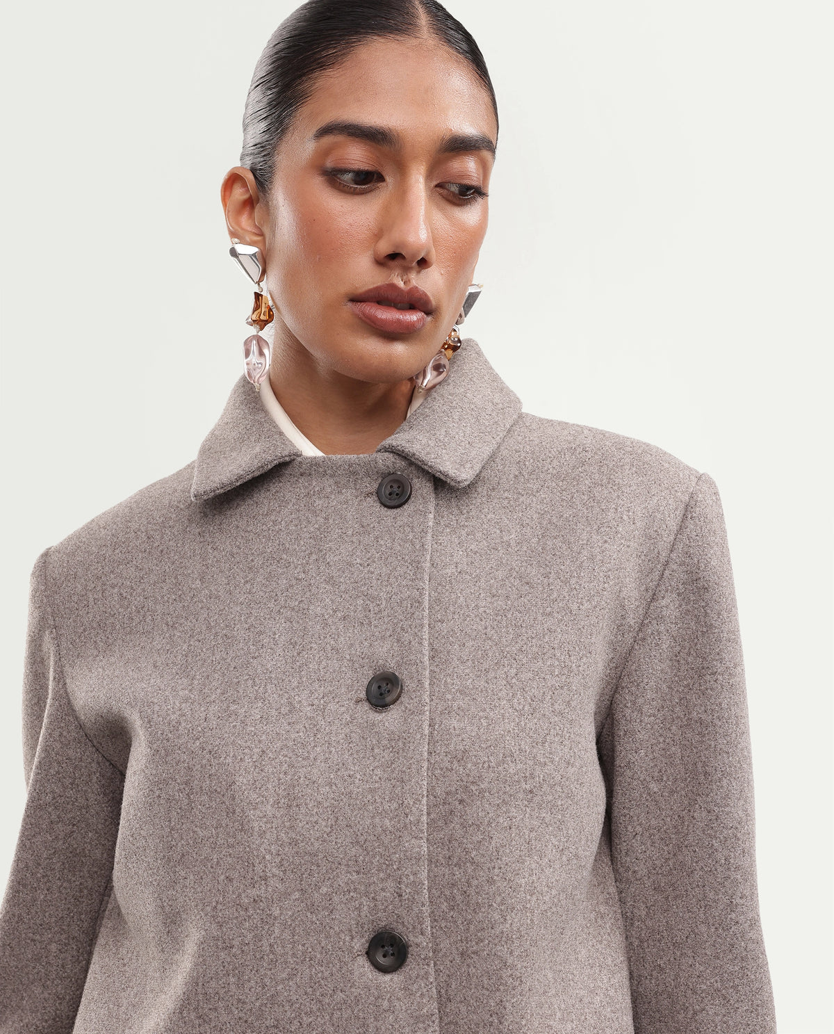 Rareism Women's Kinter Dusky Beige Polyester Blend Spread Collar Button Regular Plain Jacket