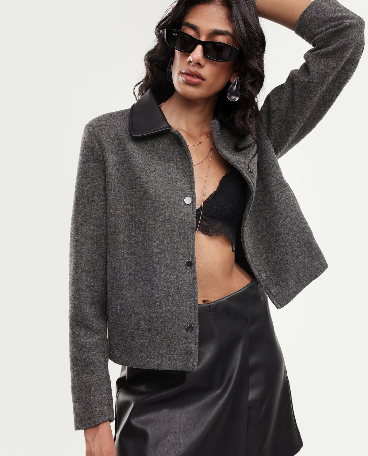 Rareism Women's Kiko Grey Polyester Blend Spread Collar Button Regular Plain Jacket