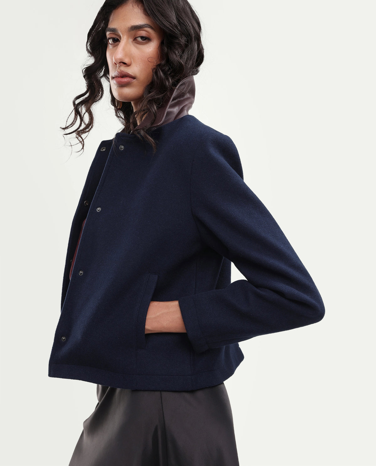 Rareism Women's Kiko Navy Polyester Blend Spread Collar Button Regular Plain Jacket