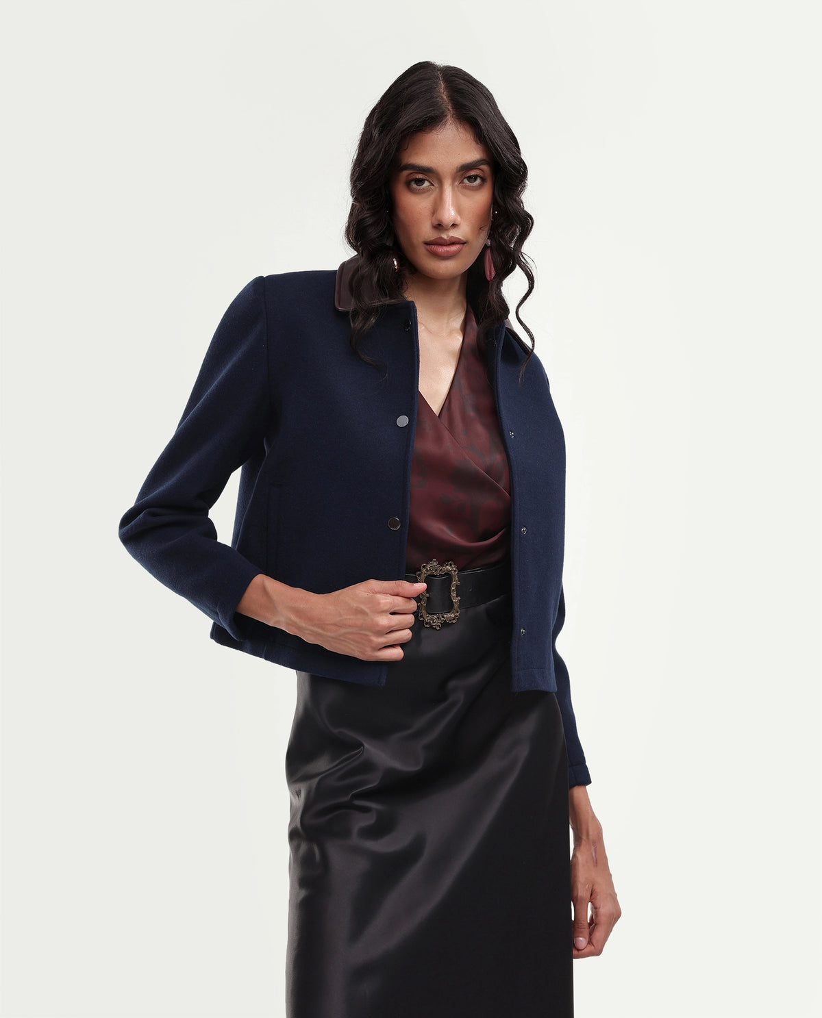 Rareism Women's Kiko Navy Polyester Blend Spread Collar Button Regular Plain Jacket