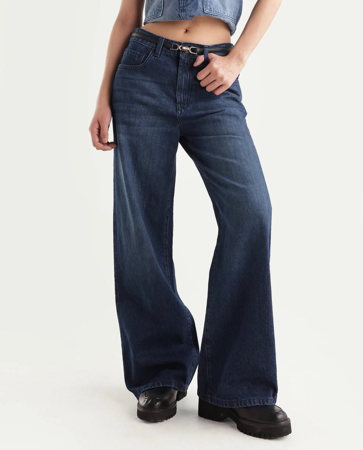 Rareism Women's Wyde-1 Dark Blue Cotton Shank And Zipper Sculpt High Wide Plain Jeans
