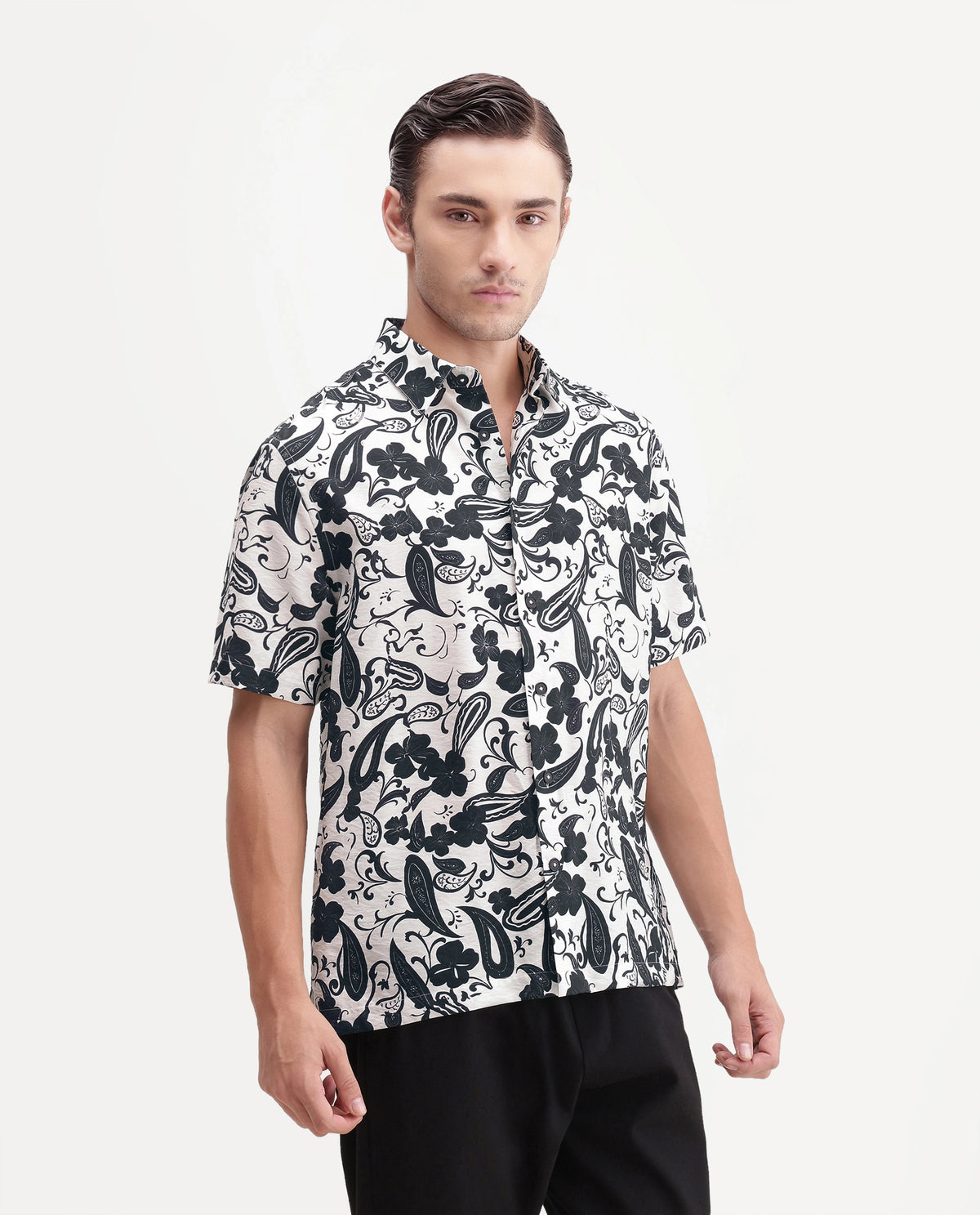 Rare Rabbit Men's Vexor Off White Viscose Blend Spread Collar Button Regular Ornamental Print Shirt