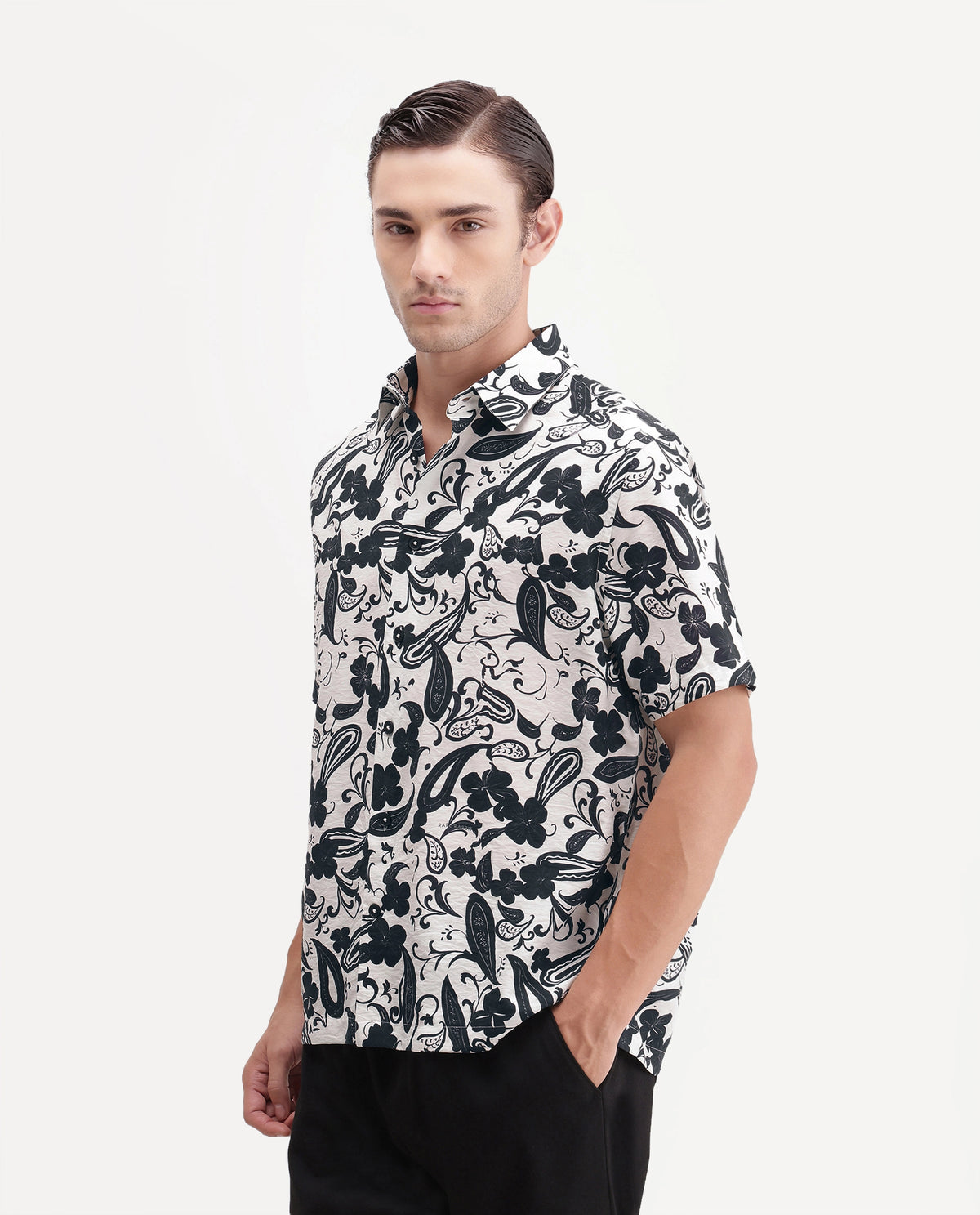 Rare Rabbit Men's Vexor Off White Viscose Blend Spread Collar Button Regular Ornamental Print Shirt