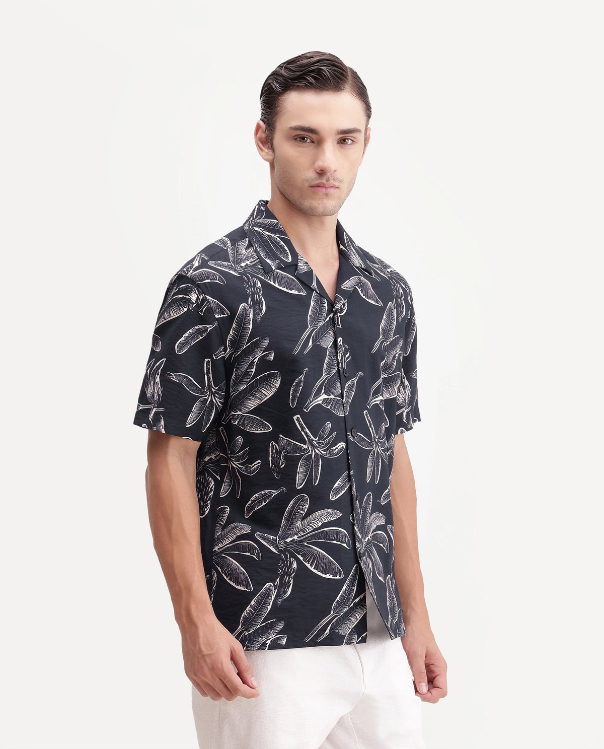 Rare Rabbit Men's Rivan Black Viscose Blend Cuban Collar Button Regular Tropical Print Shirt