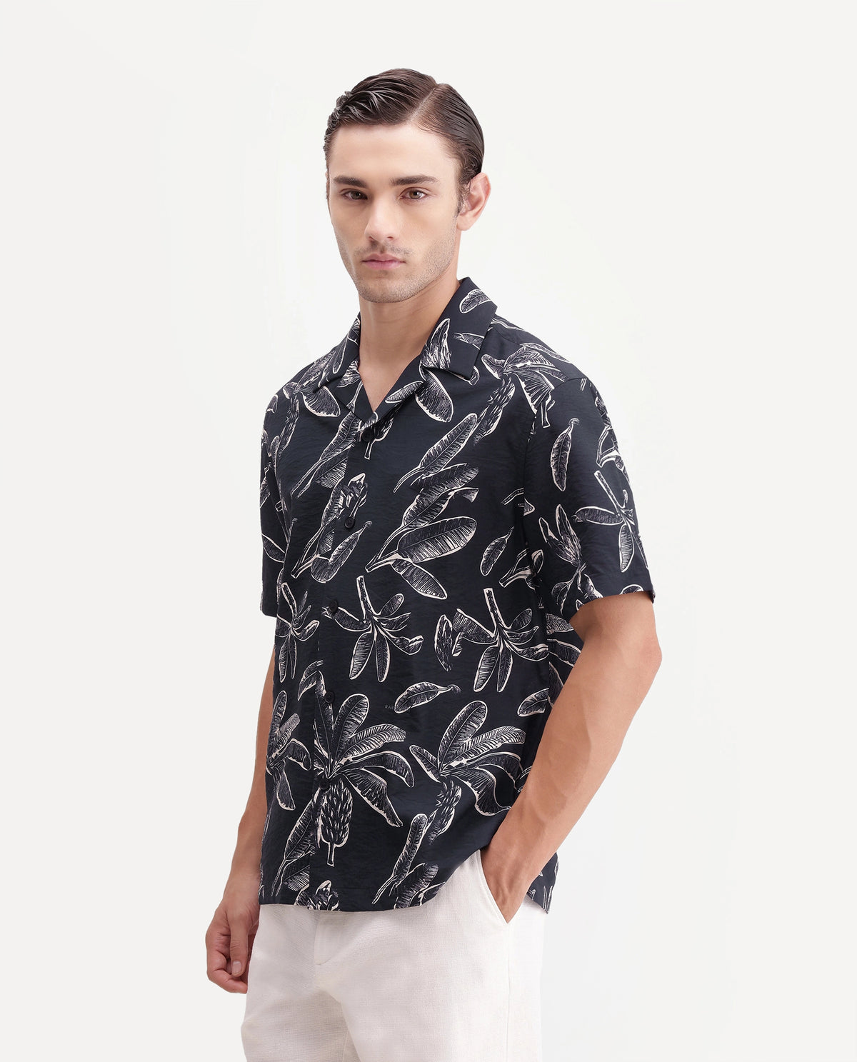 Rare Rabbit Men's Rivan Black Viscose Blend Cuban Collar Button Regular Tropical Print Shirt