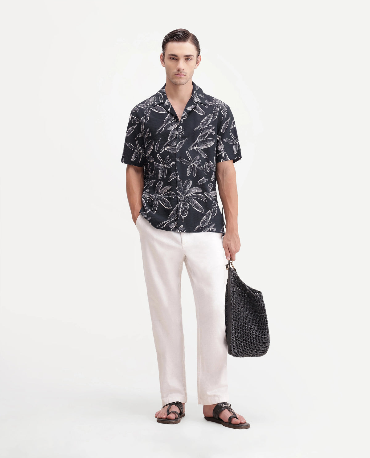 Rare Rabbit Men's Rivan Black Viscose Blend Cuban Collar Button Regular Tropical Print Shirt