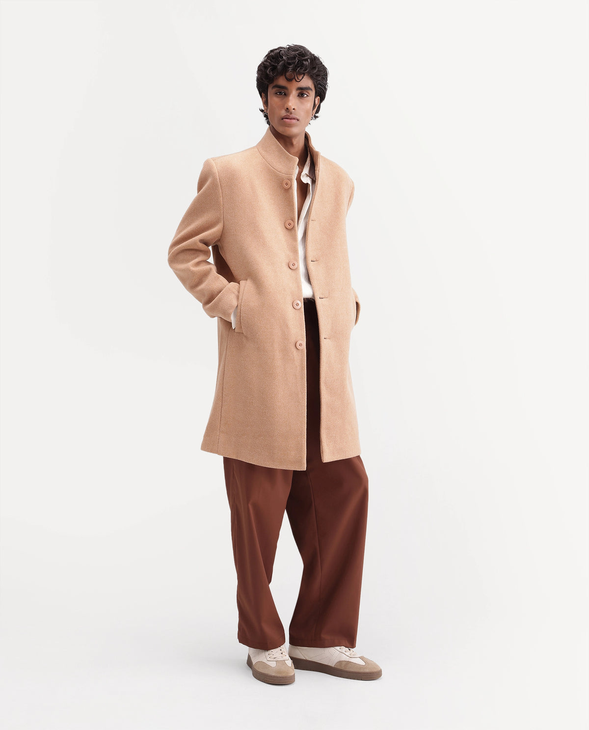 Rare Rabbit Men's Duto Beige Polyester Blend High Neck Button Regular Plain Jacket