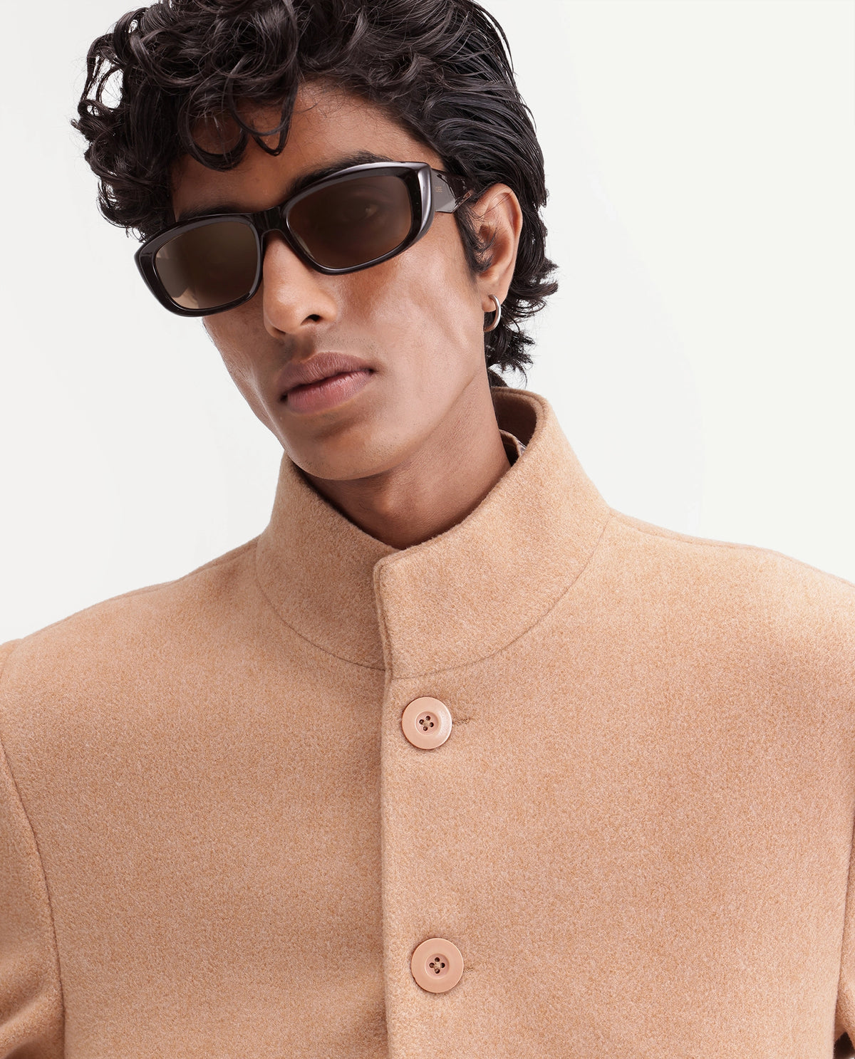 Rare Rabbit Men's Duto Beige Polyester Blend High Neck Button Regular Plain Jacket