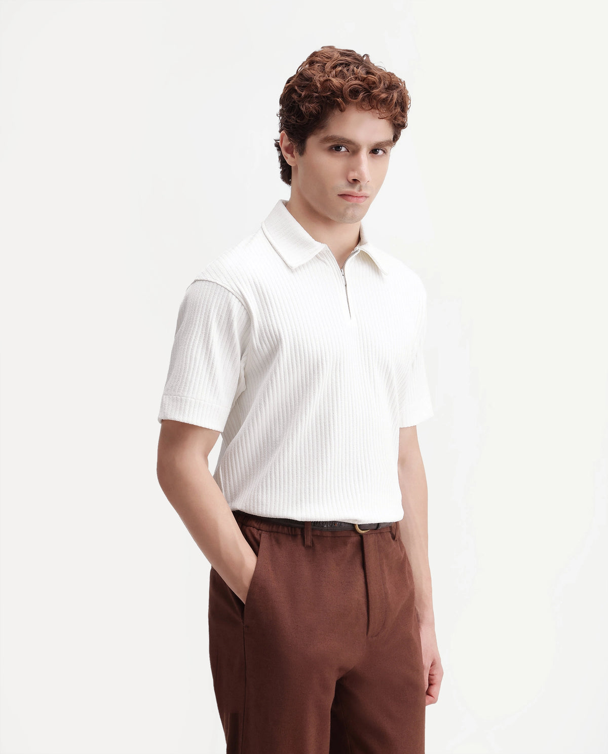 Rare Rabbit Men's Hexx-2 White Cotton Blend Spread Collar Zipper Regular Textured Polo