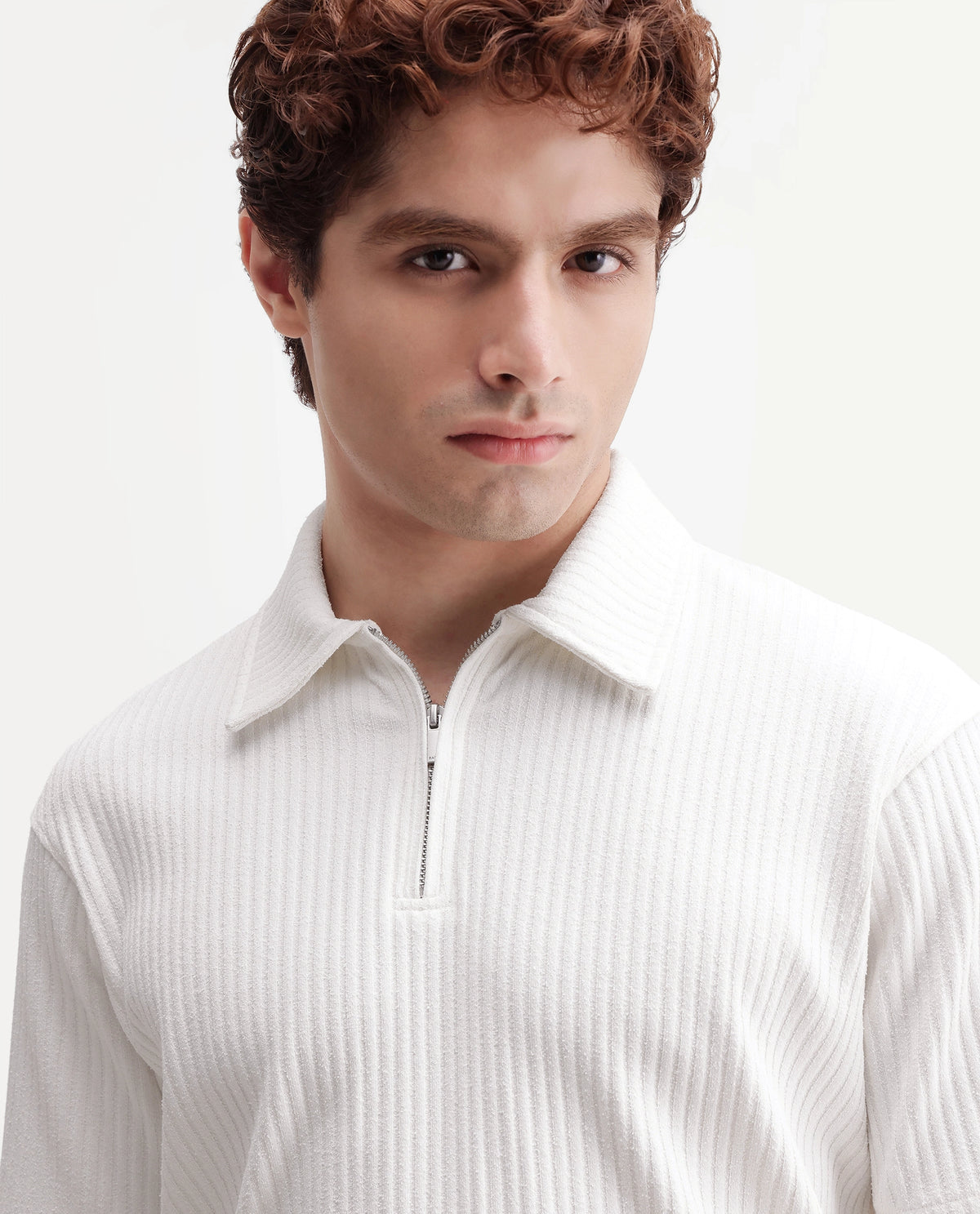 Rare Rabbit Men's Hexx-2 White Cotton Blend Spread Collar Zipper Regular Textured Polo