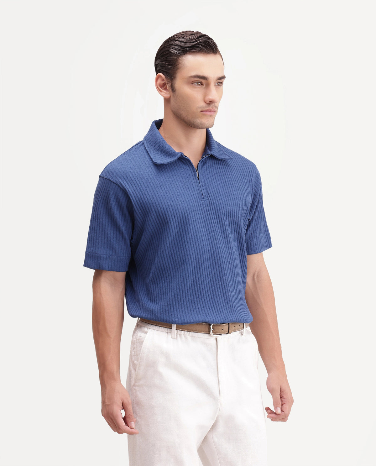 Rare Rabbit Men's Hexx-2 Blue Cotton Blend Spread Collar Zipper Regular Textured Polo