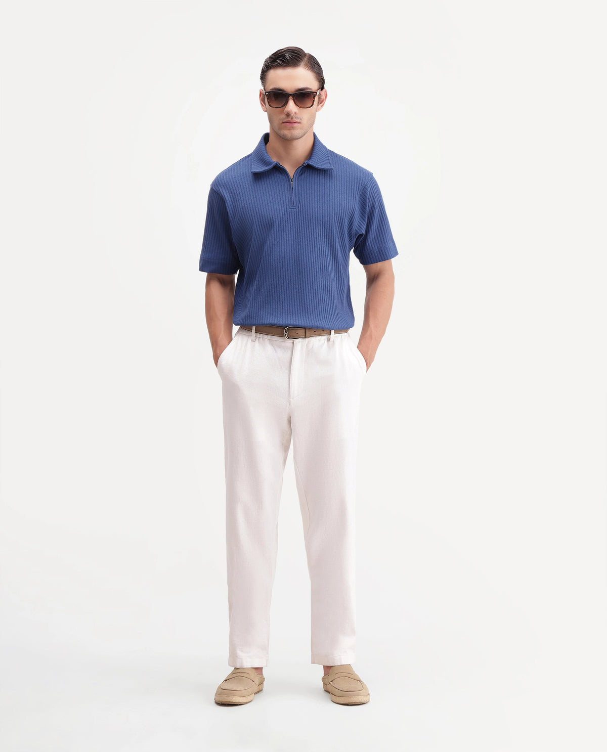 Rare Rabbit Men's Hexx-2 Blue Cotton Blend Spread Collar Zipper Regular Textured Polo