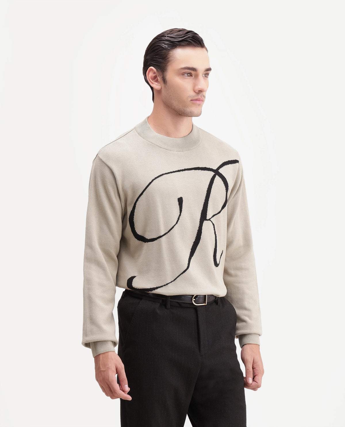 Rare Rabbit Men's Flurr Light Beige Cotton Crew Neck Regular Graphic Print Sweater