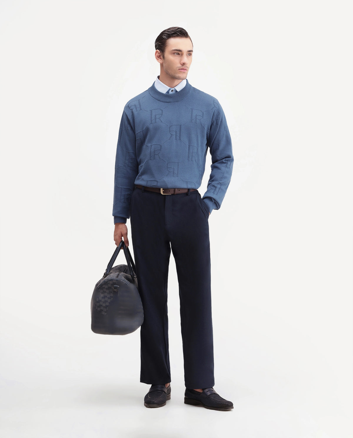 Rare Rabbit Men's Gret Fluorescent Blue Cotton Crew Neck Regular Jacquard Sweater