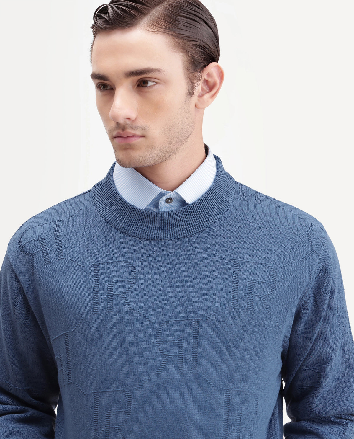 Rare Rabbit Men's Gret Fluorescent Blue Cotton Crew Neck Regular Jacquard Sweater