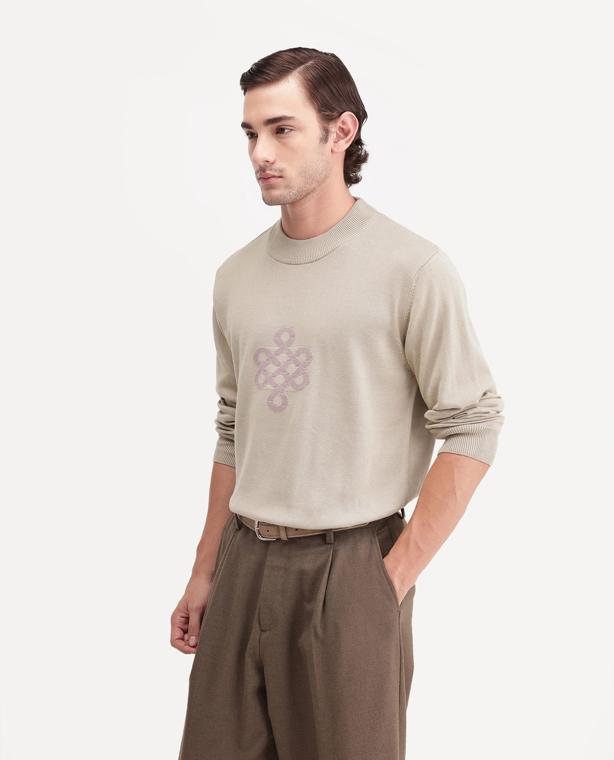 Rare Rabbit Men's Tres Dusky Brown Cotton Crew Neck Regular Graphic Print Sweater