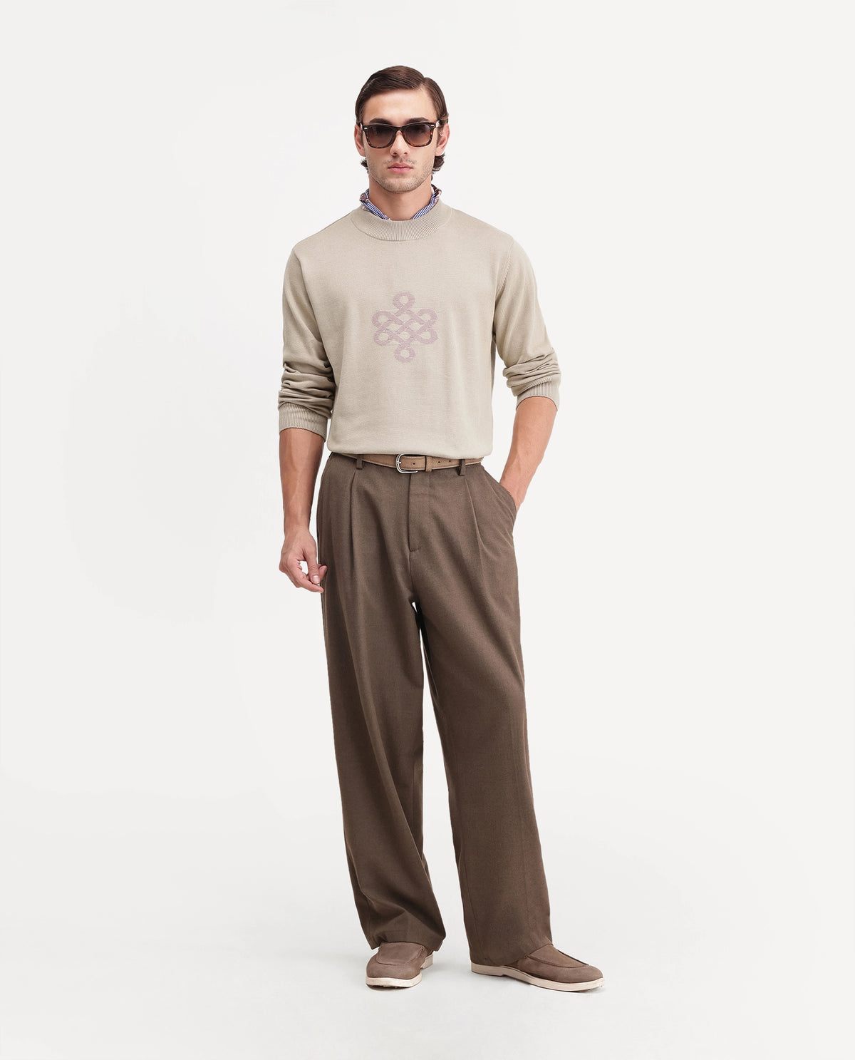 Rare Rabbit Men's Tres Dusky Brown Cotton Crew Neck Regular Graphic Print Sweater