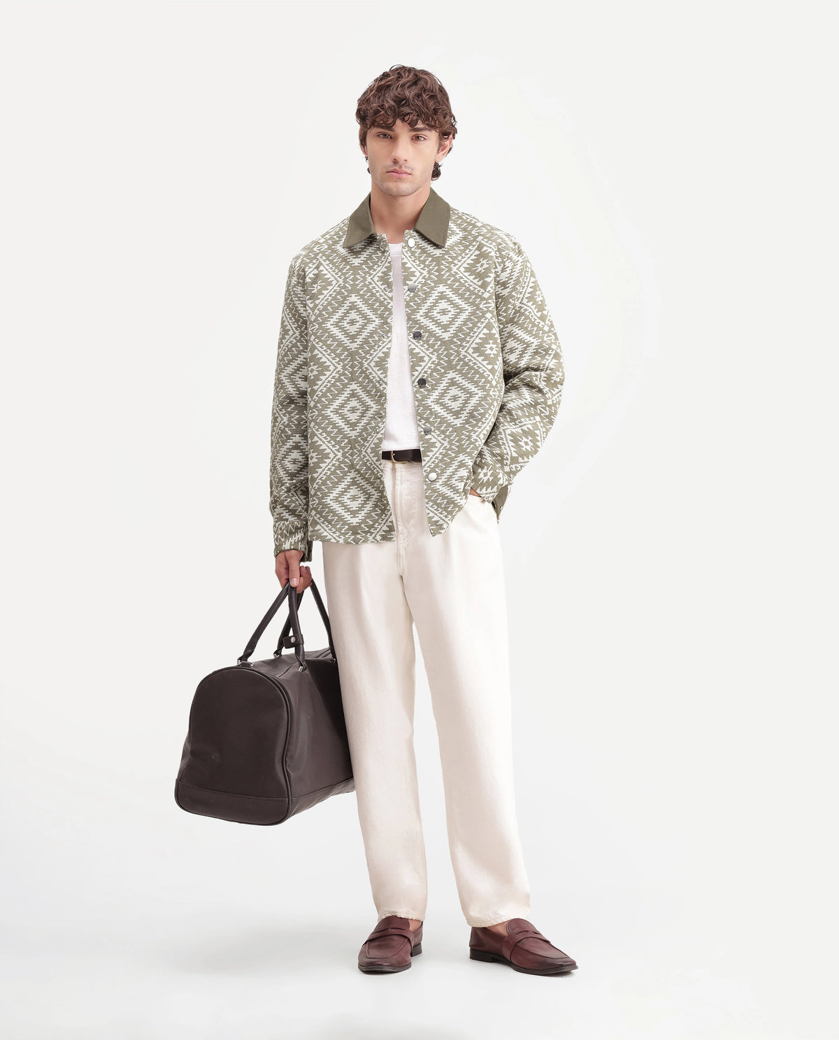 Rare Rabbit Men's Astro Beige Cotton Blend Spread Collar Snap Regular Jacquard Jacket