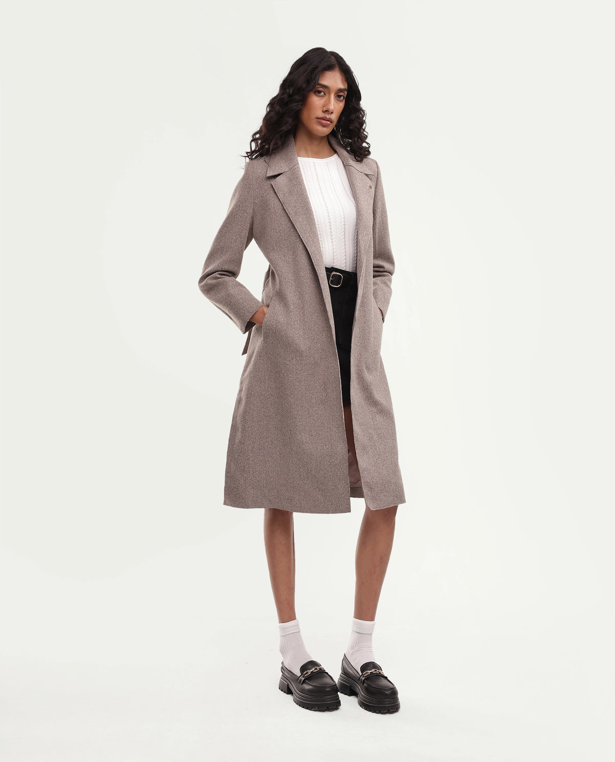 Rareism Women's Gisboryaw26 Dusky Beige Polyester Blend Lapel Neck Regular Plain Coat