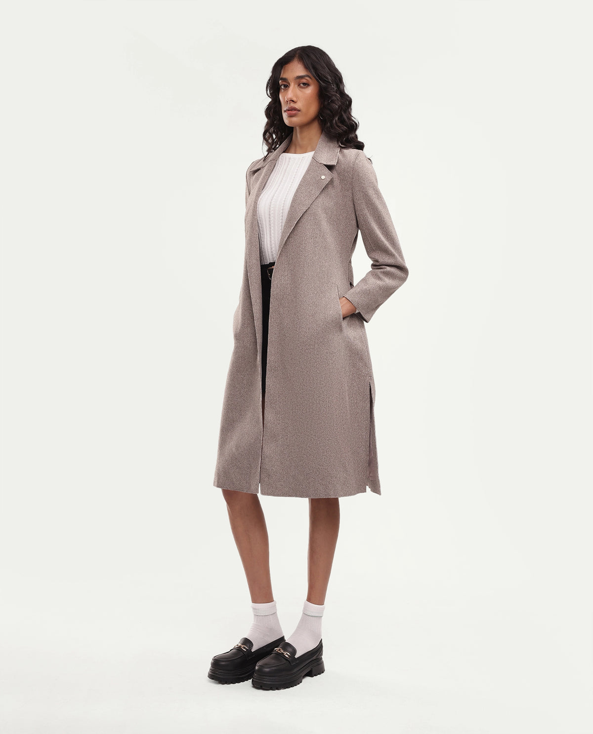 Rareism Women's Gisboryaw26 Dusky Beige Polyester Blend Lapel Neck Regular Plain Coat