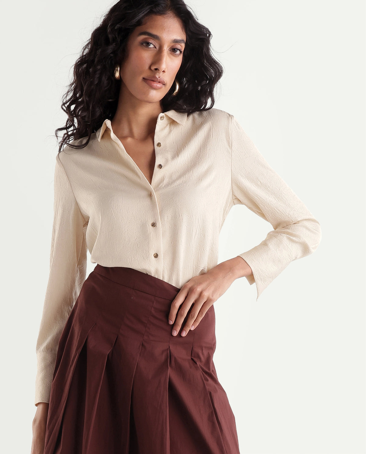 Rareism Women's Pasimo Beige Polyester Spread Collar Regular Plain Shirt