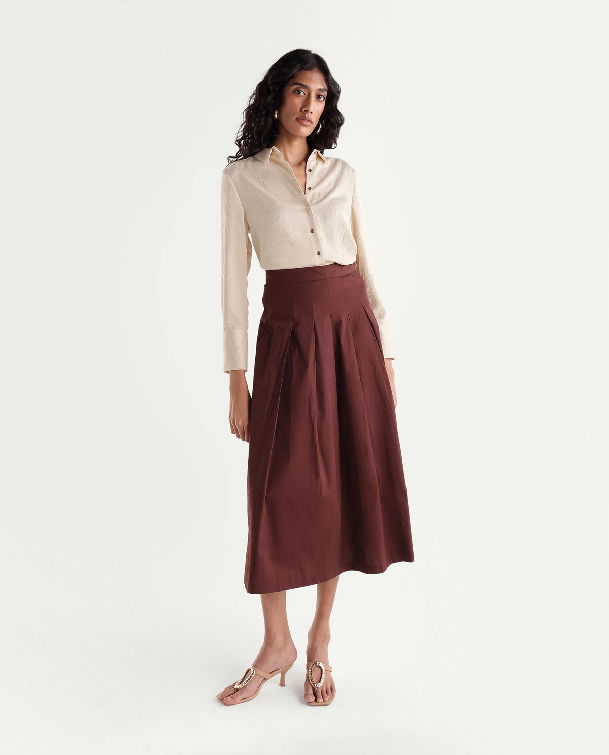 Rareism Women's Pasimo Beige Polyester Spread Collar Regular Plain Shirt