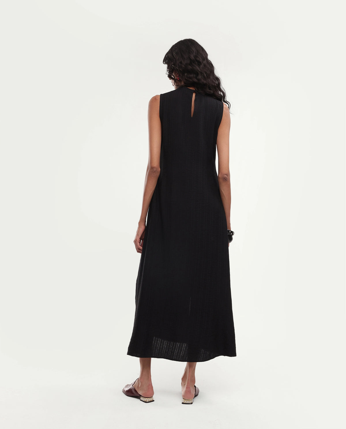 Rareism Women's Quina Black Viscose Blend High Neck A-Line Jacquard Dress