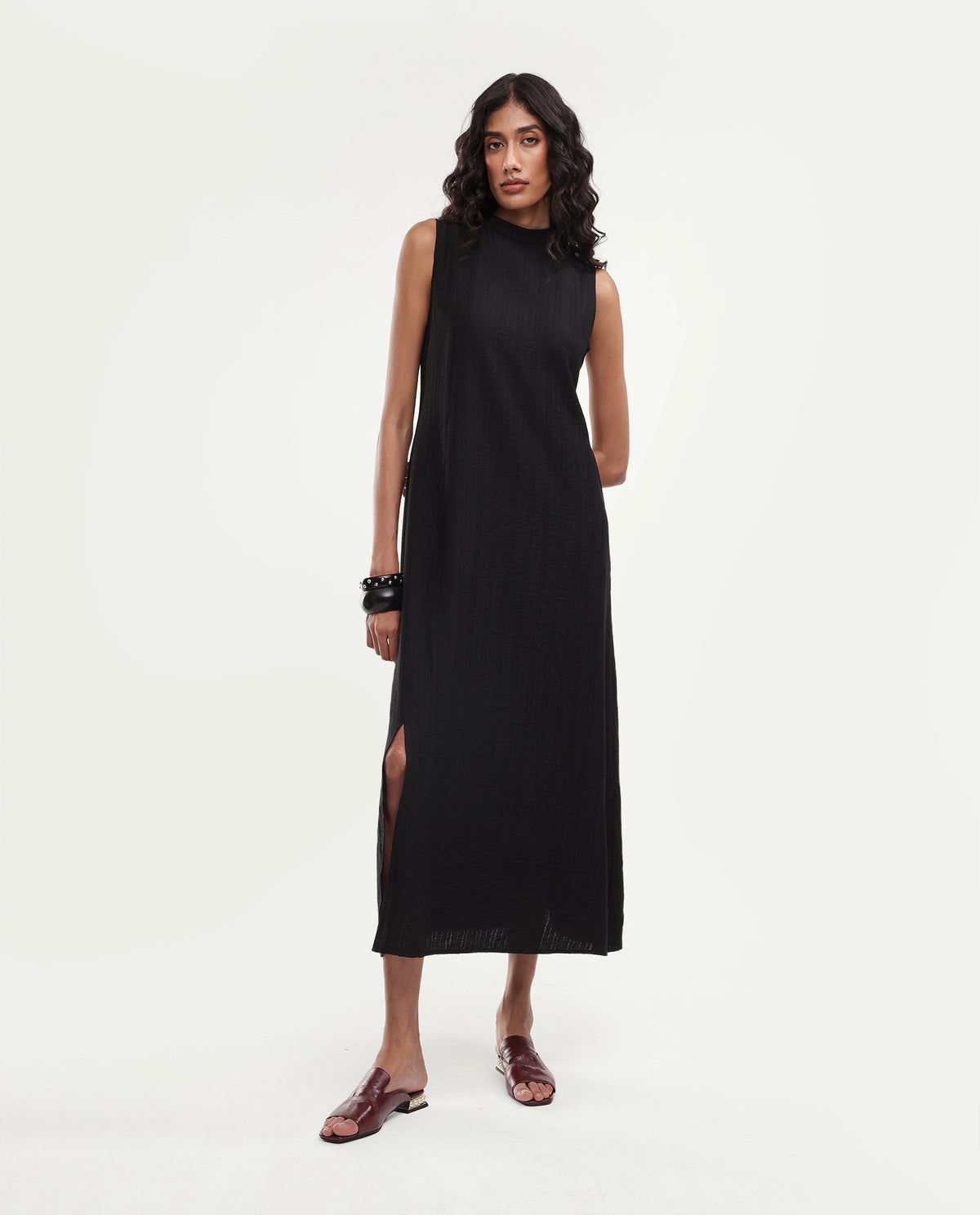 Rareism Women's Quina Black Viscose Blend High Neck A-Line Jacquard Dress