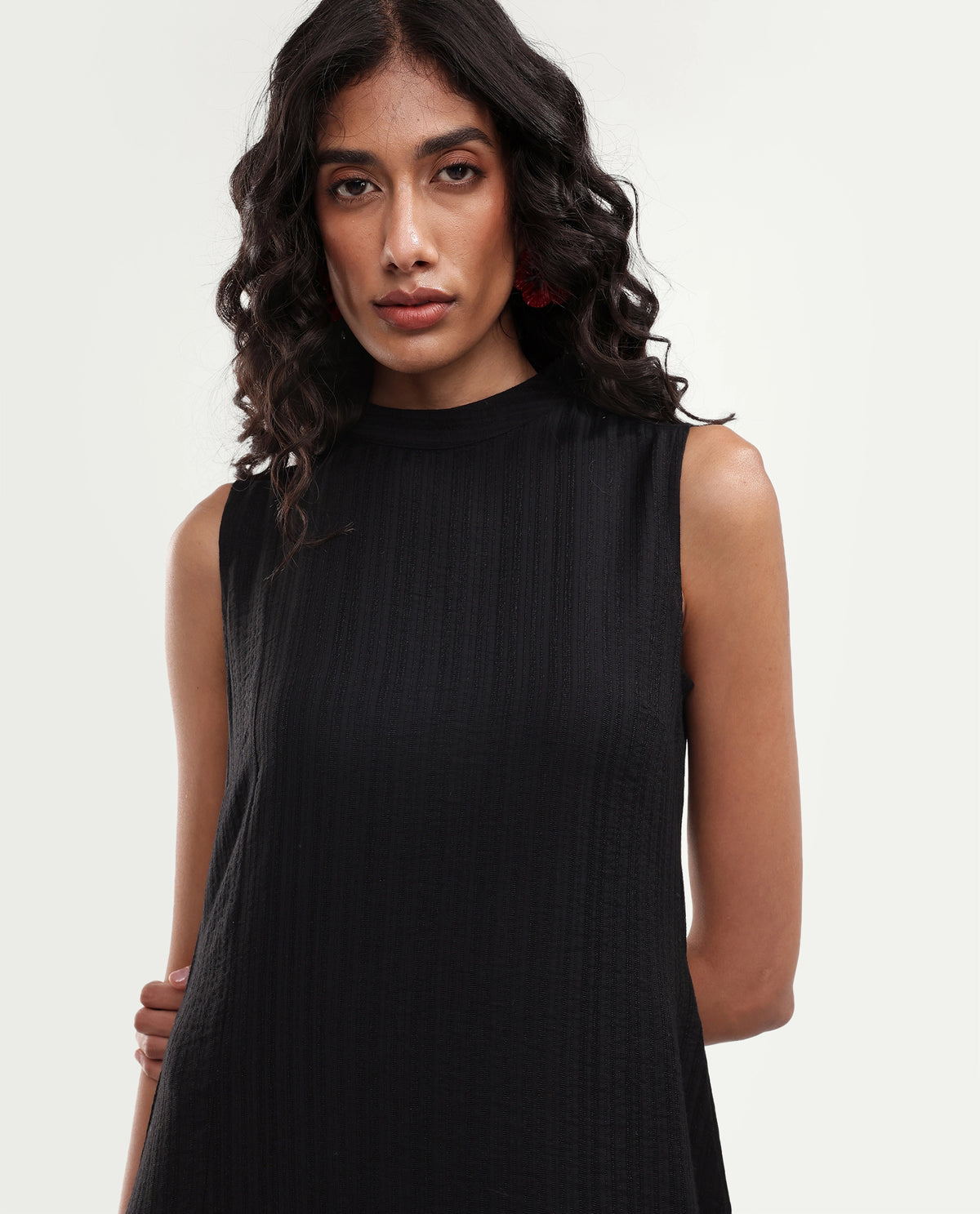Rareism Women's Quina Black Viscose Blend High Neck A-Line Jacquard Dress