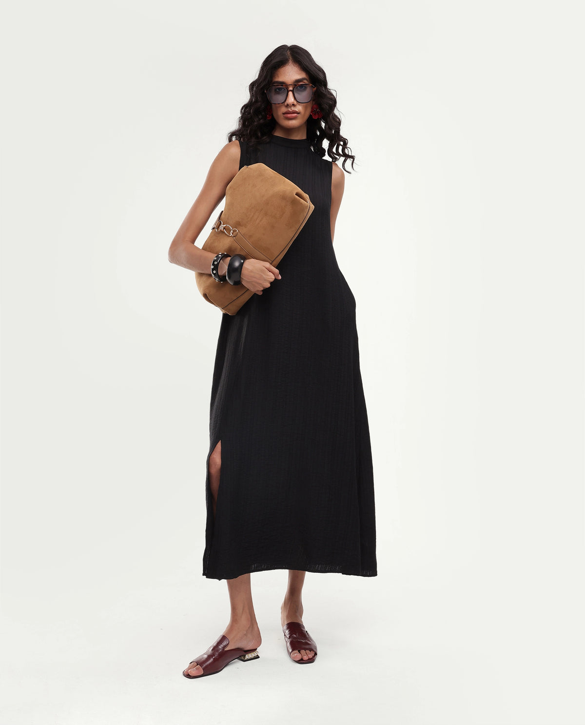 Rareism Women's Quina Black Viscose Blend High Neck A-Line Jacquard Dress