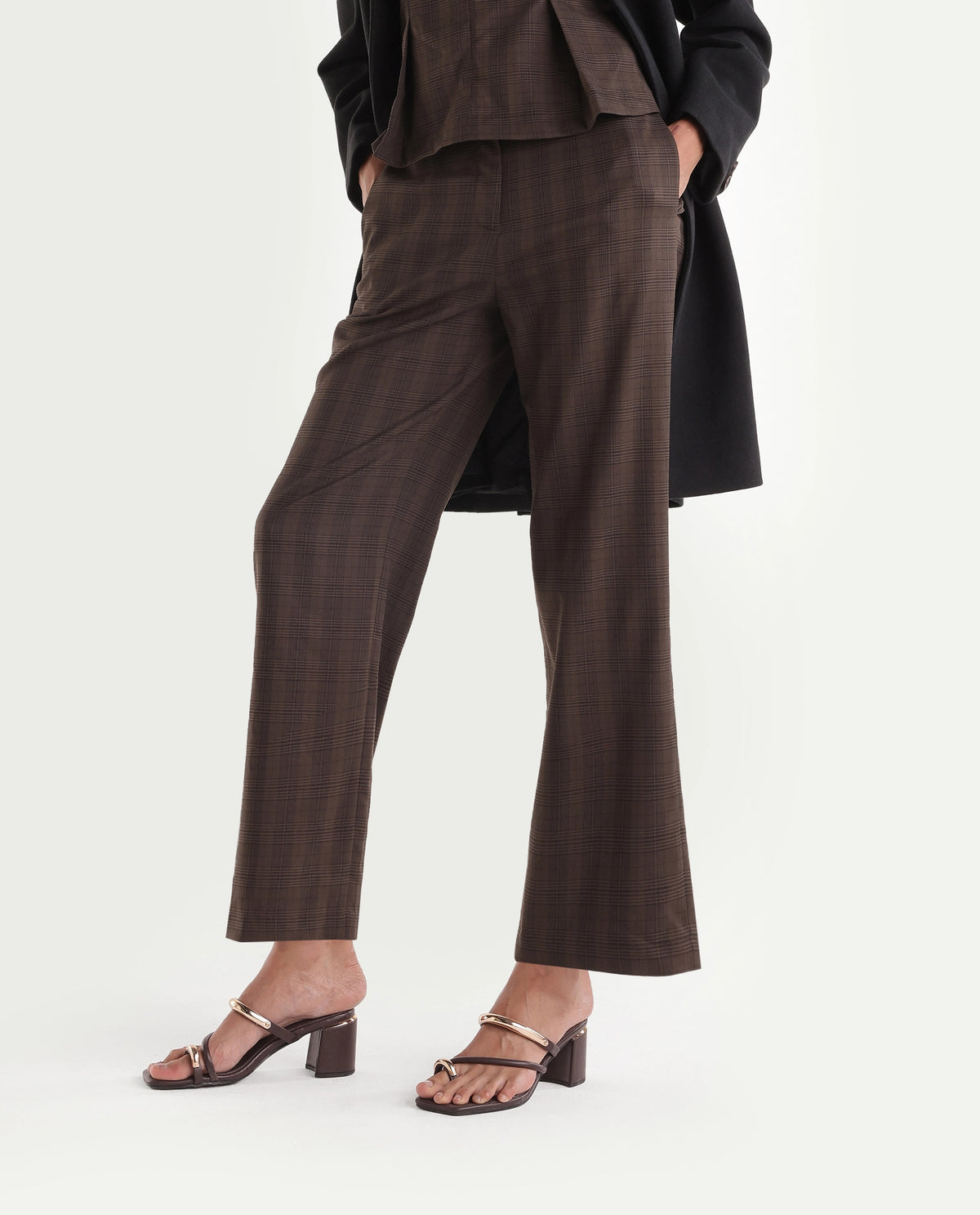 Rareism Women's Quzor-B Brown Polyester Blend Straight Checked Trouser