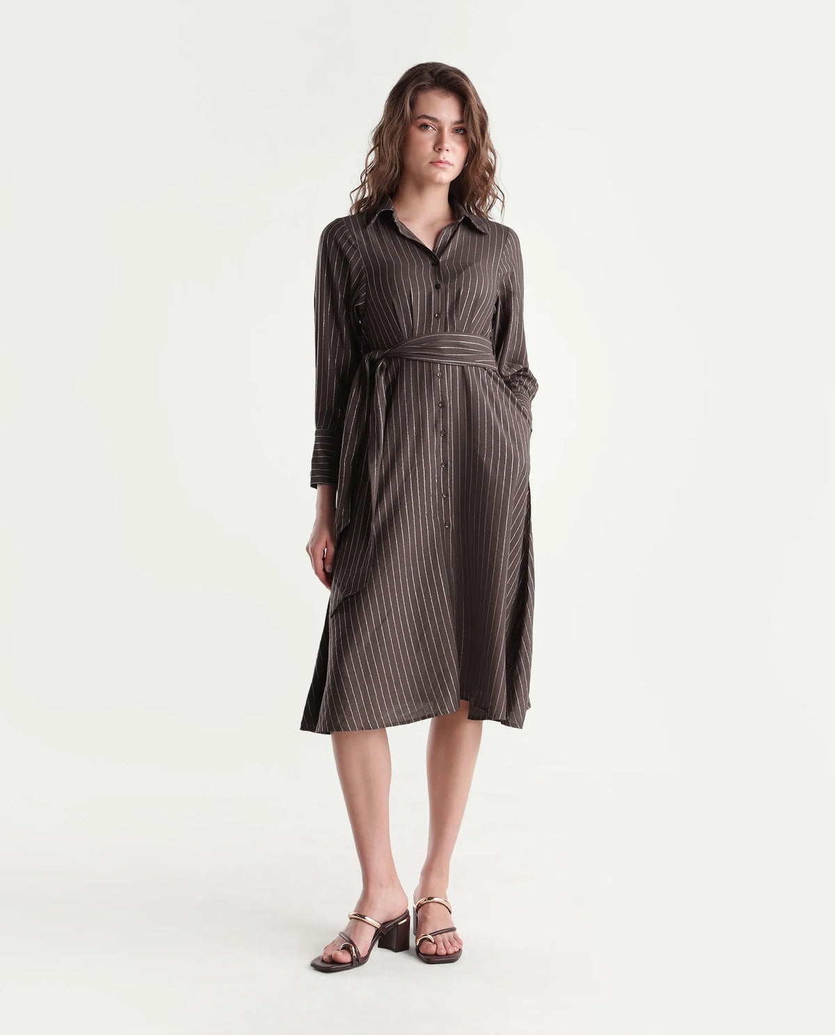 Rareism Women's Qeen Brown Viscose Blend Spread Collar A-Line Striped Dress