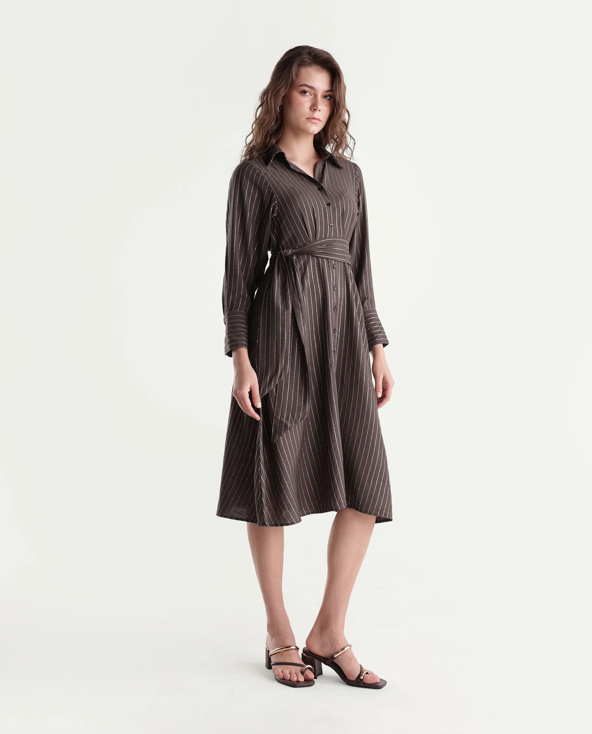 Rareism Women's Qeen Brown Viscose Blend Spread Collar A-Line Striped Dress