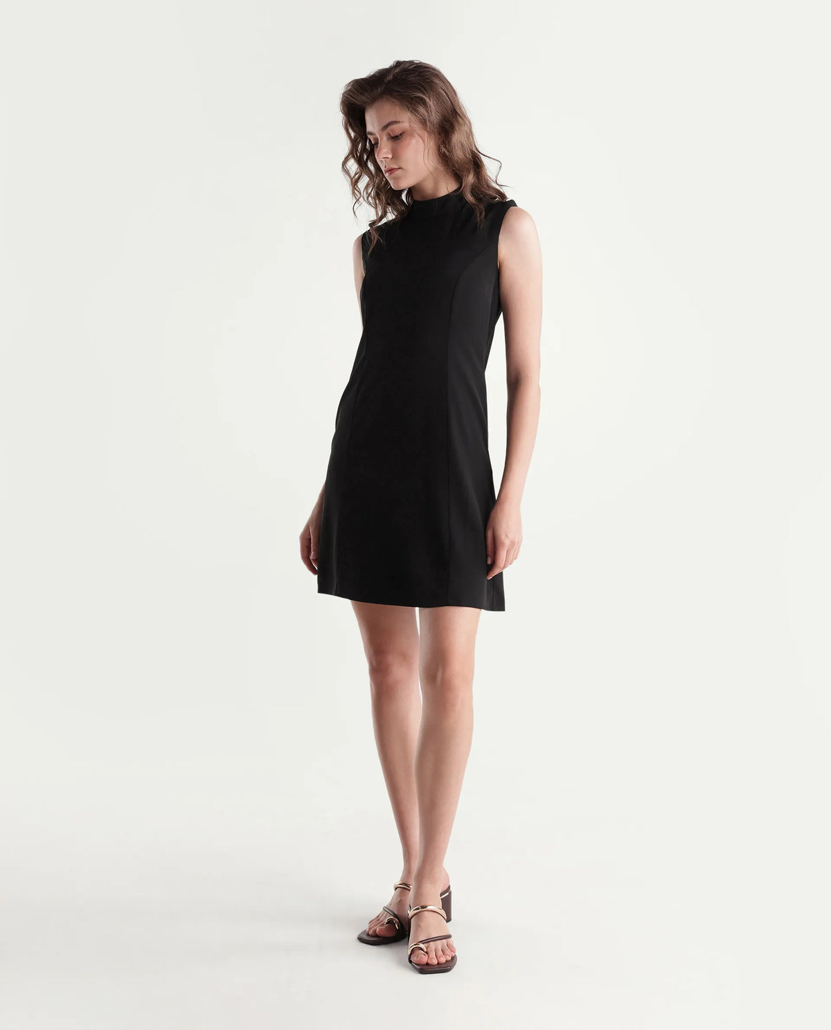 Rareism Women's Qory Black Polyester High Neck A-Line Plain Dress