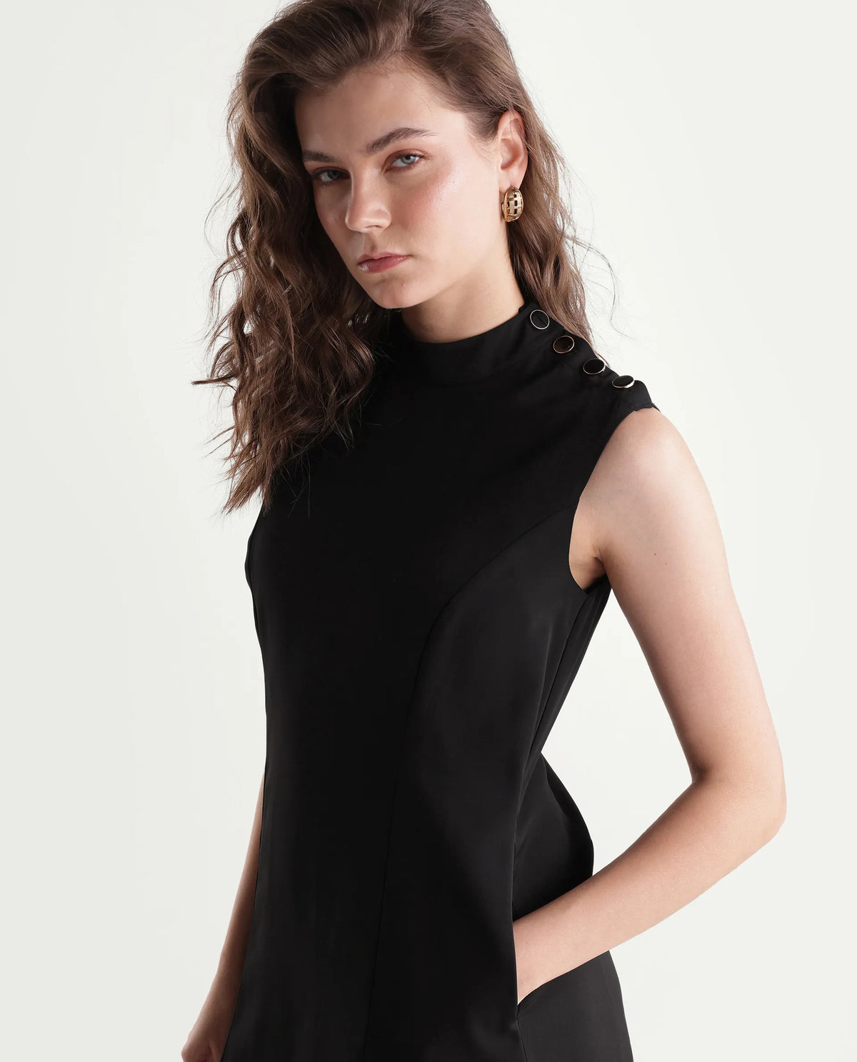 Rareism Women's Qory Black Polyester High Neck A-Line Plain Dress