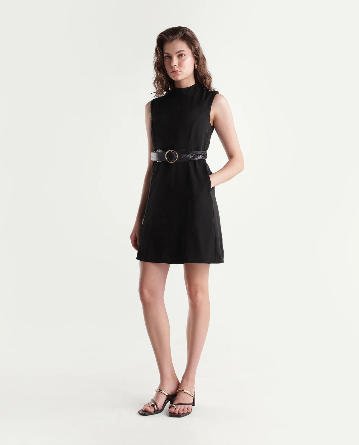 Rareism Women's Qory Black Polyester High Neck A-Line Plain Dress